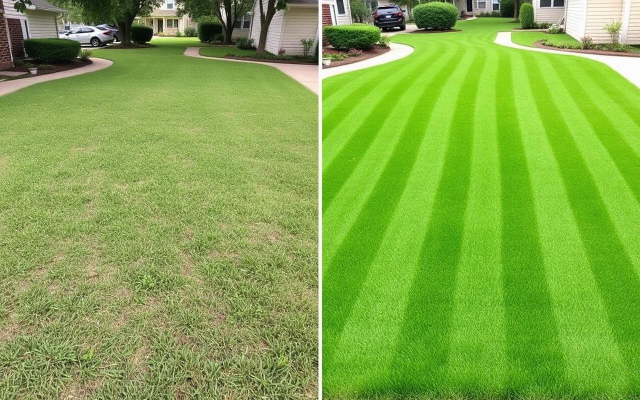 Before and after lawn transformation by Klean Kuts Yard Care in Texas
