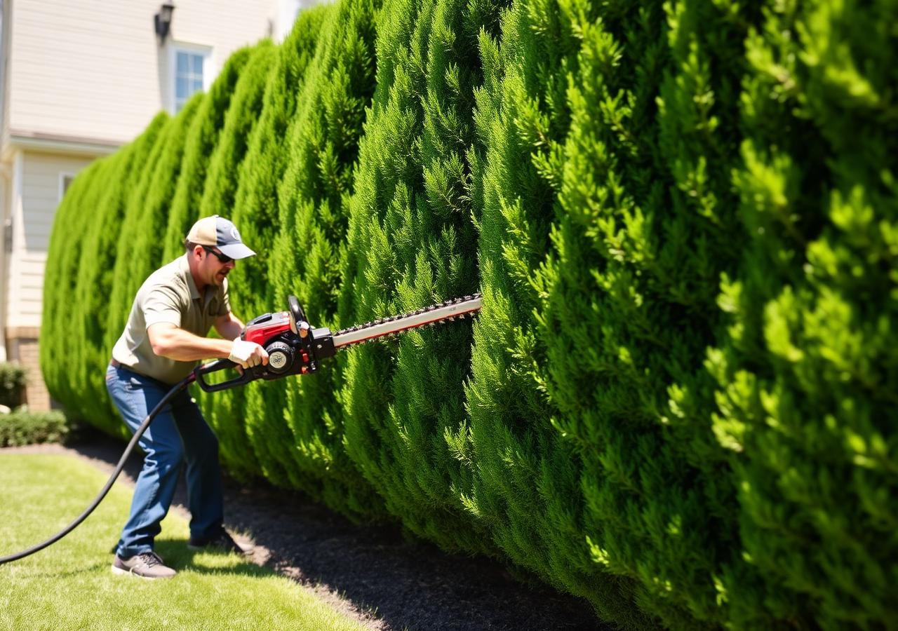 Landscaper shaping a tall green hedge at a Texas home