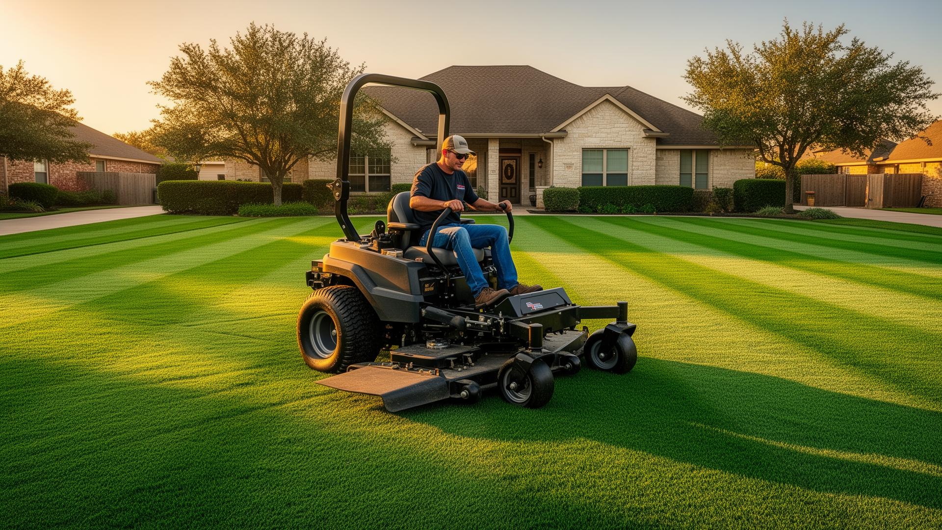 Lawn care professional mowing a striped Texas residential lawn at golden hour in Deer Park, TX