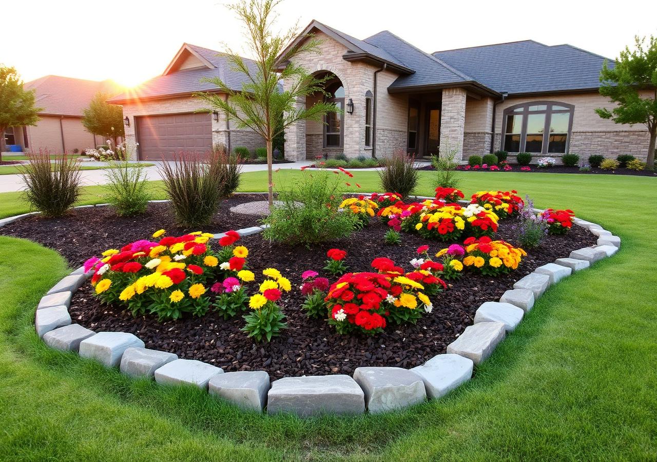 Designed landscape bed with flowers and stone border at a Texas home