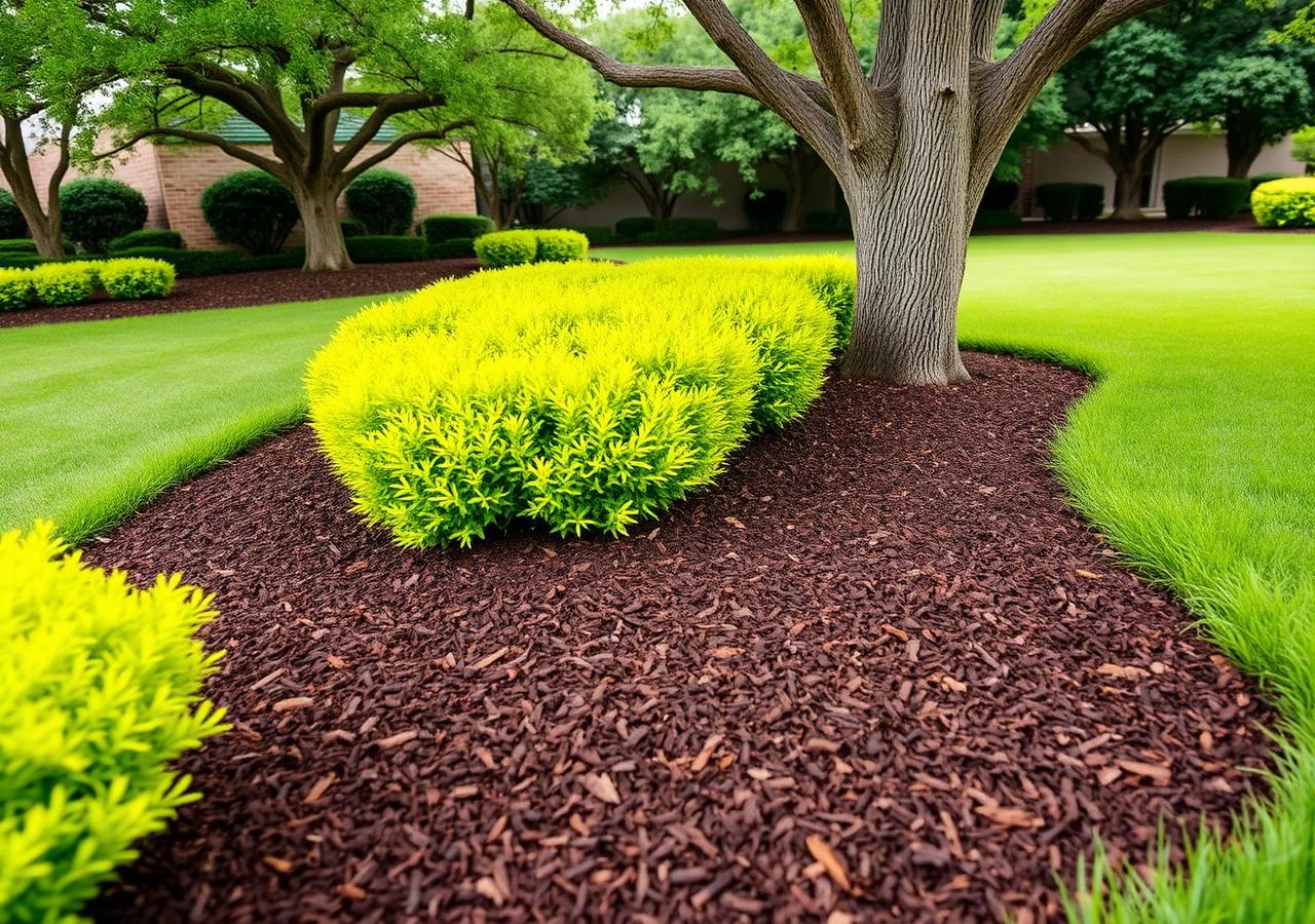 Fresh hardwood mulch installed around shrubs at a Texas home