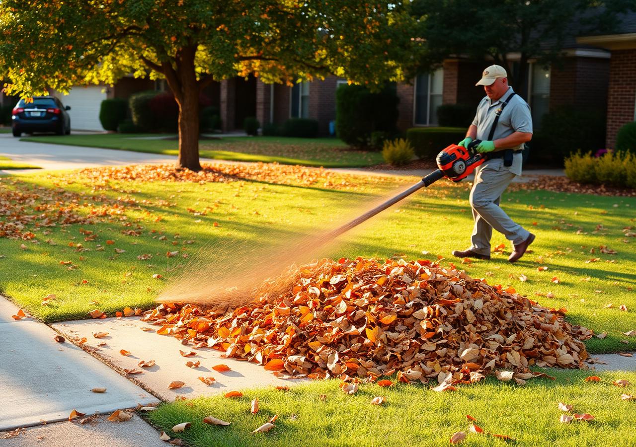 Fall leaf cleanup on a Texas lawn with leaf blower
